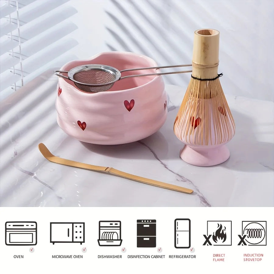 Pink Heart Ceramic Matcha Set