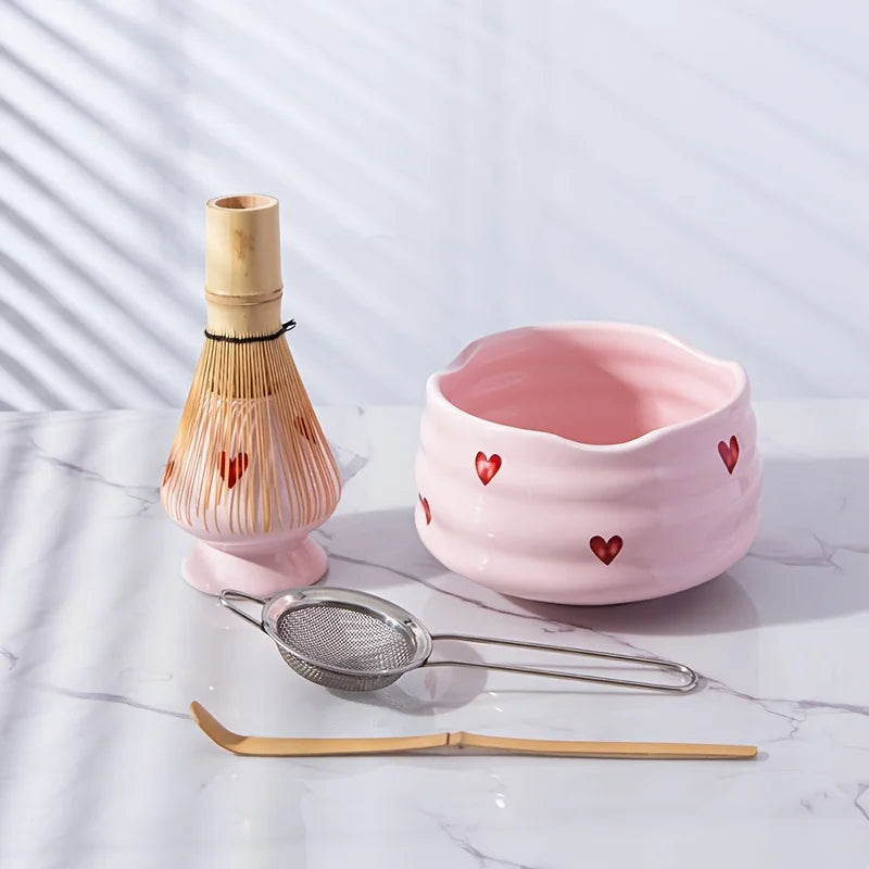 Pink Heart Ceramic Matcha Set