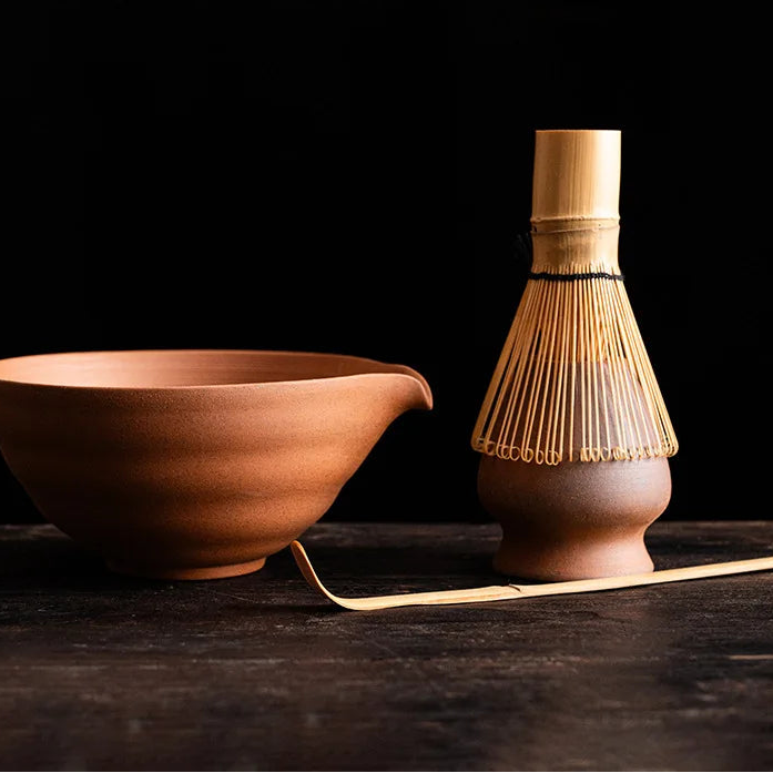 Unglazed Rock Clay Tea Bowl with Bamboo Whisk