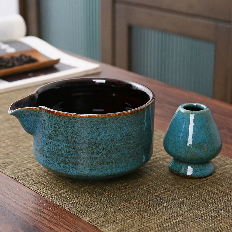 Japanese Ceramic Matcha Bowl with Pouring Spout + Whisk Holder