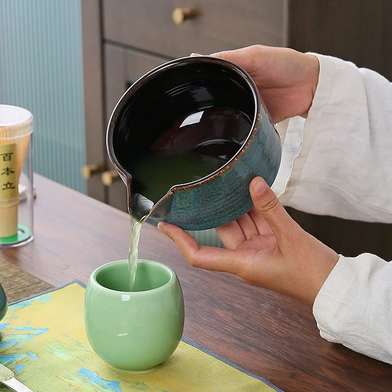 Japanese Ceramic Matcha Bowl with Pouring Spout + Whisk Holder