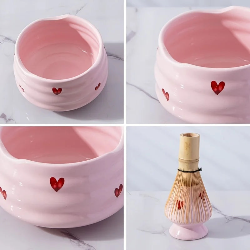 Pink Heart Ceramic Matcha Set