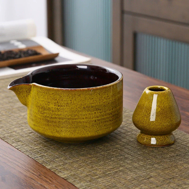 Japanese Ceramic Matcha Bowl with Pouring Spout + Whisk Holder
