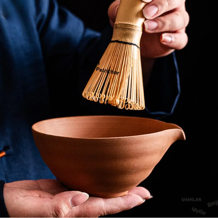 Unglazed Rock Clay Tea Bowl with Bamboo Whisk