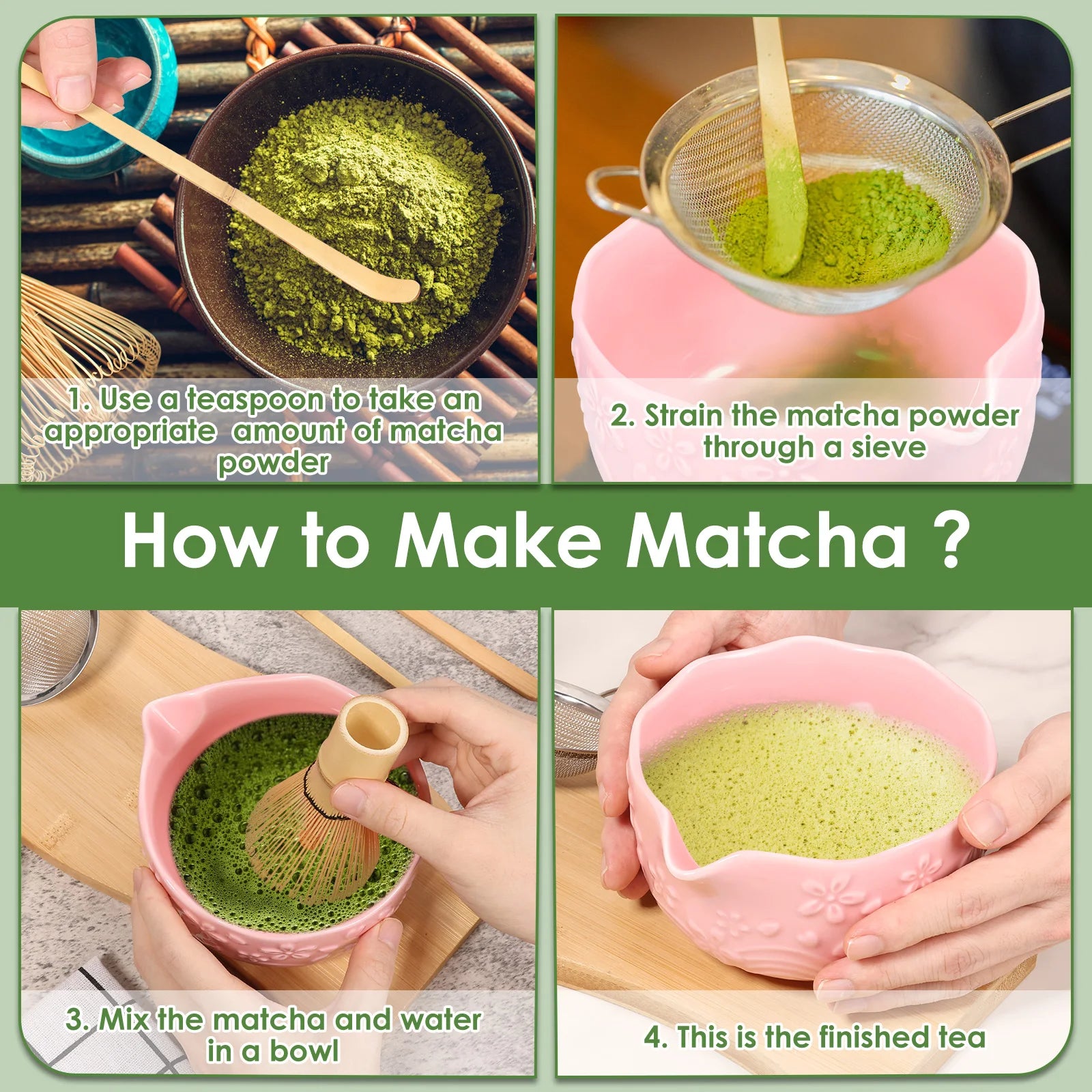 Ceramic Bowl, Bamboo Whisk & Complete Tea Accessories Kit