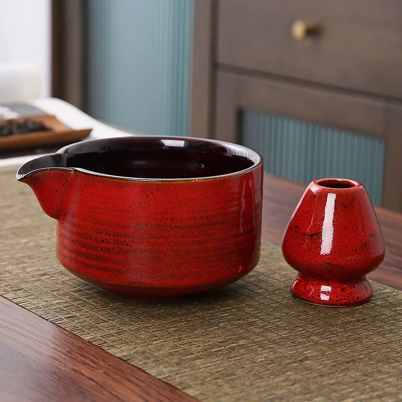 Japanese Ceramic Matcha Bowl with Pouring Spout + Whisk Holder