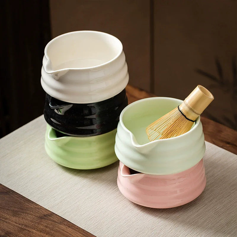 Japanese Matcha Ceramic Bowl – With Pouring Spout & Whisk Holder for Tea Lovers