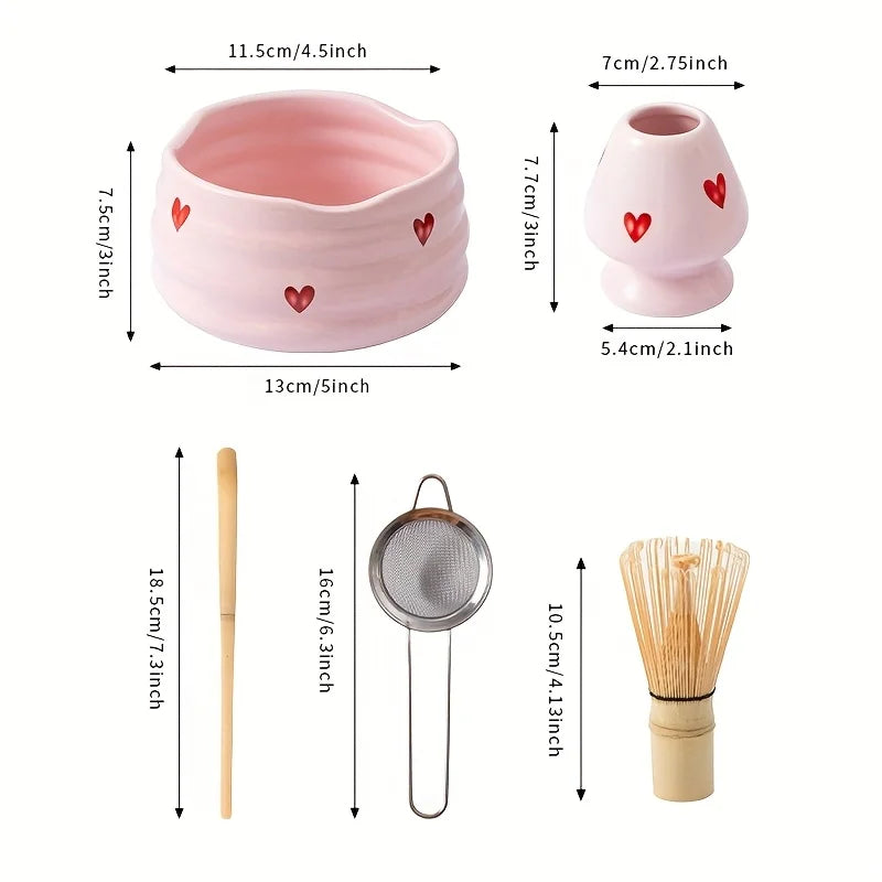 Pink Heart Ceramic Matcha Set
