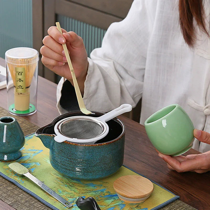 Japanese Ceramic Matcha Bowl with Pouring Spout + Whisk Holder