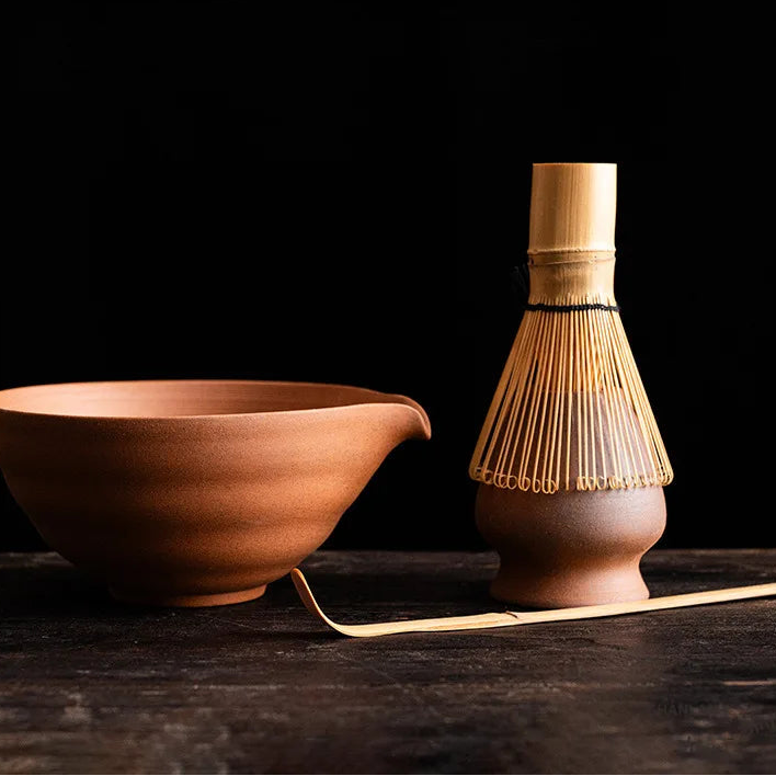 Unglazed Rock Clay Tea Bowl with Bamboo Whisk
