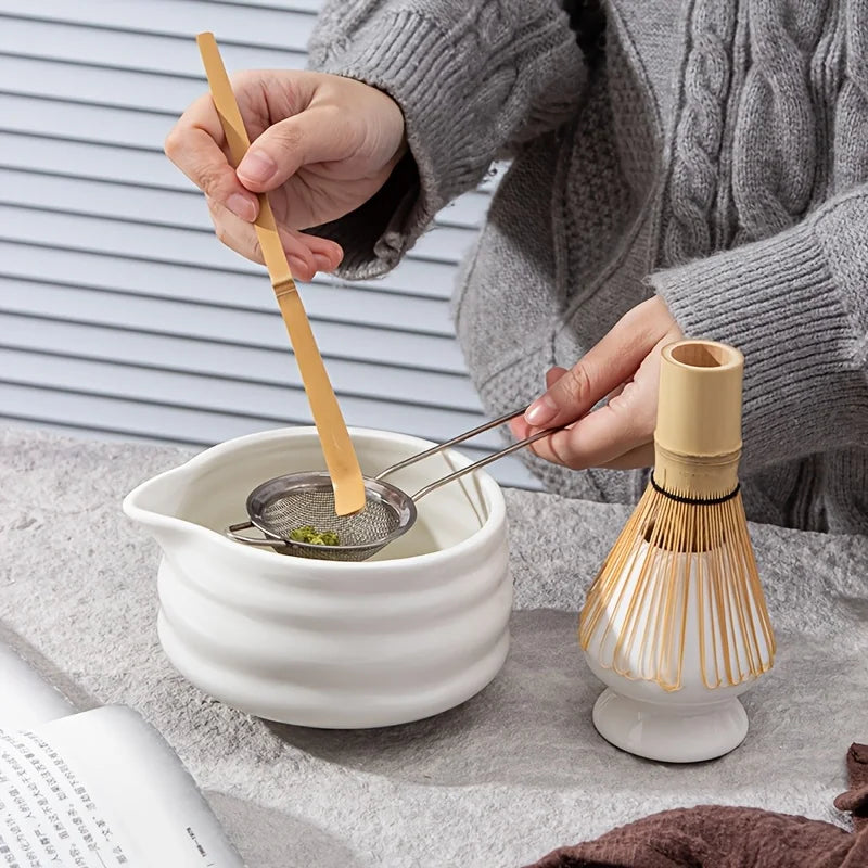 White Ceramic Bowl & Bamboo Whisk (Chasen) – Gift for Matcha Lovers