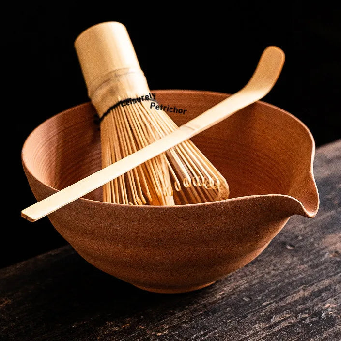 Unglazed Rock Clay Tea Bowl with Bamboo Whisk