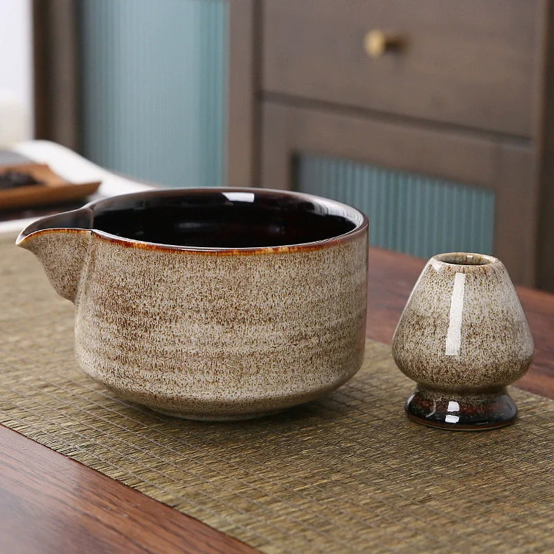 Japanese Ceramic Matcha Bowl with Pouring Spout + Whisk Holder