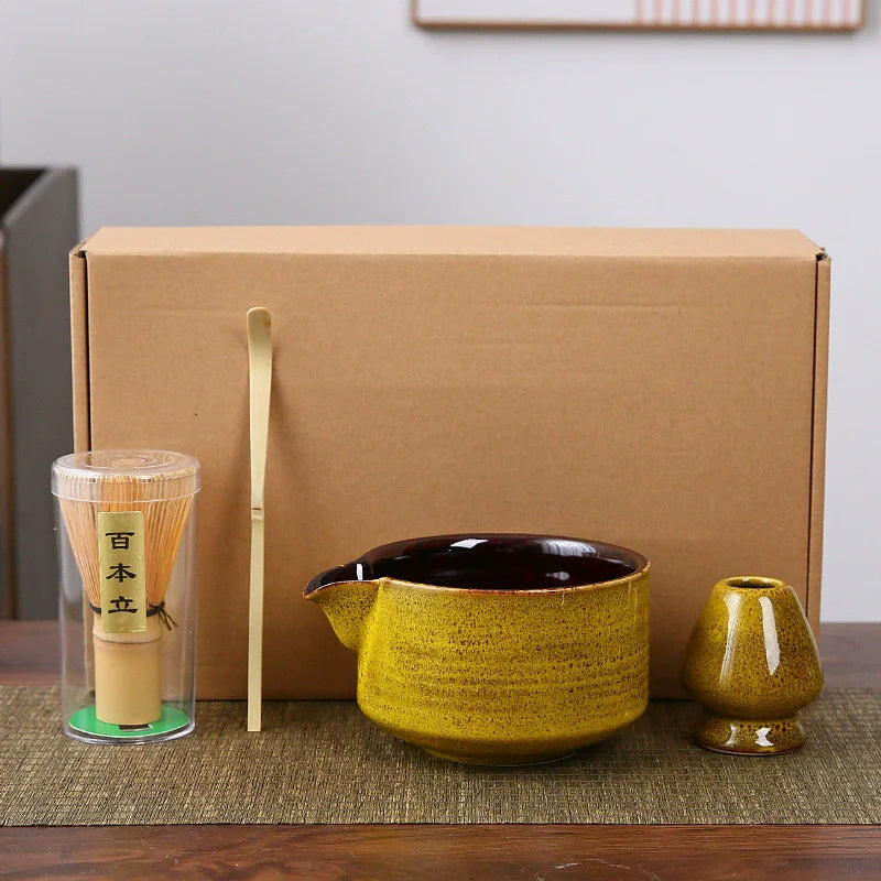 Japanese Ceramic Matcha Bowl with Pouring Spout + Whisk Holder