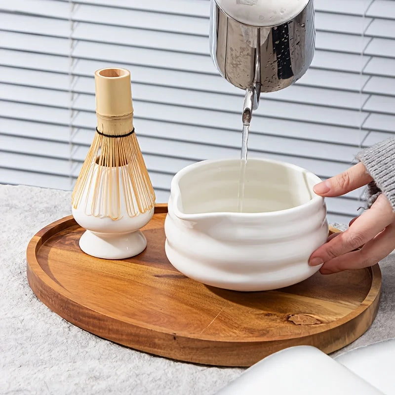 White Ceramic Bowl & Bamboo Whisk (Chasen) – Gift for Matcha Lovers