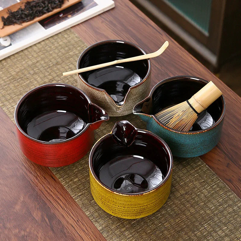 Japanese Ceramic Matcha Bowl with Pouring Spout + Whisk Holder