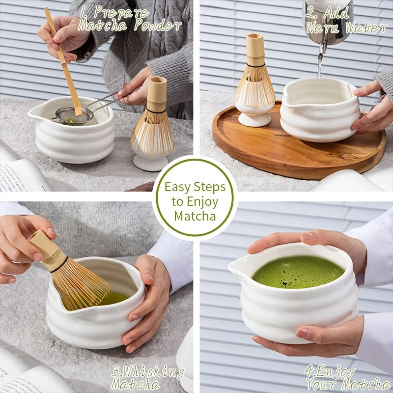 White Ceramic Bowl & Bamboo Whisk (Chasen) – Gift for Matcha Lovers